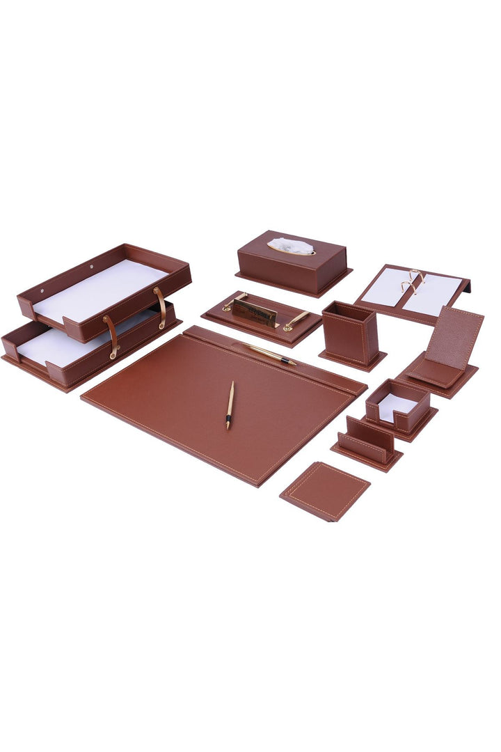 Vega Leather Desk Set – 14 Accessories with Double Document Tray Tan | Luxury Desk Pad Set