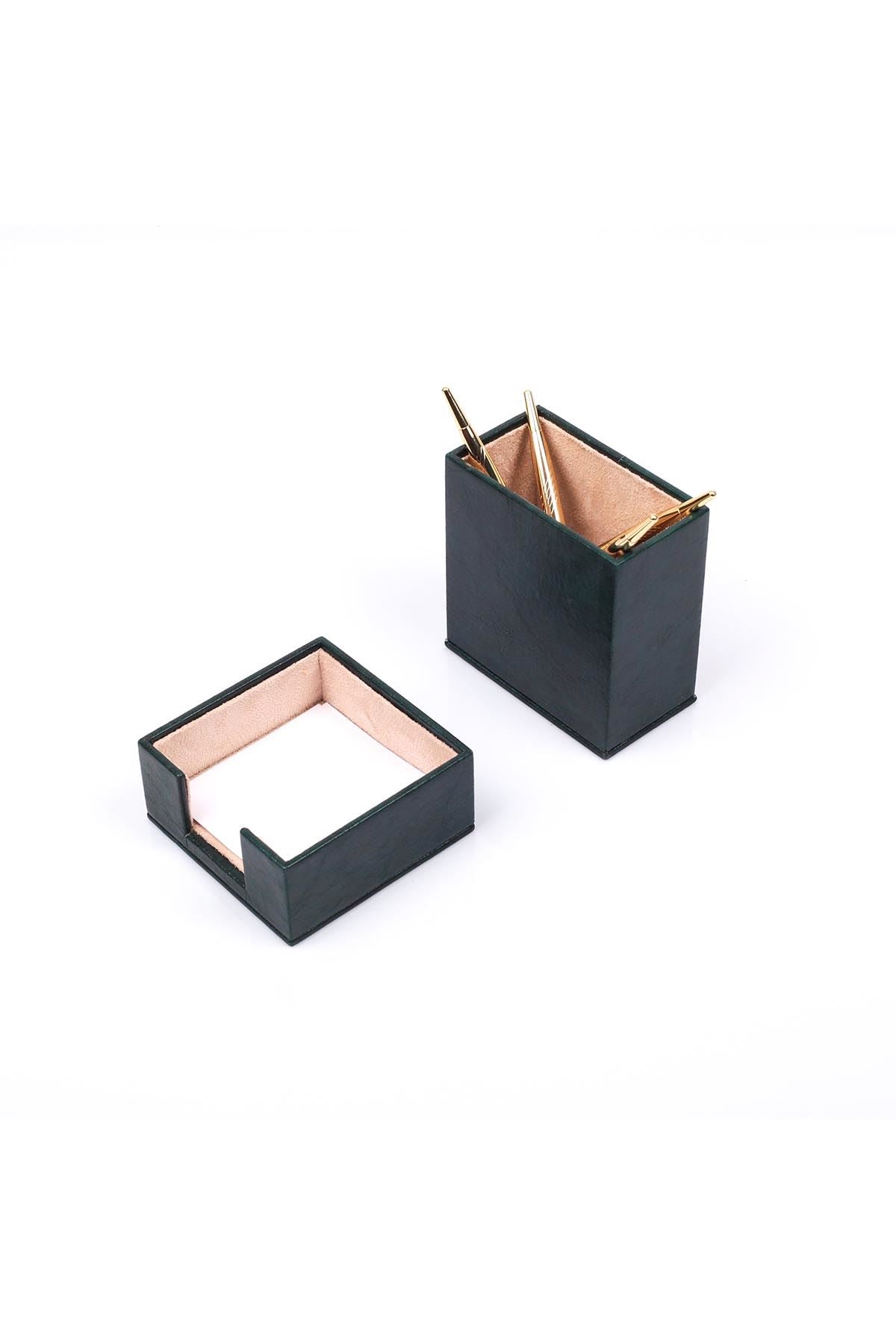 Deri 2 Parça Masa Üstü Seti Kırmızı Kalemlik ve Notluk