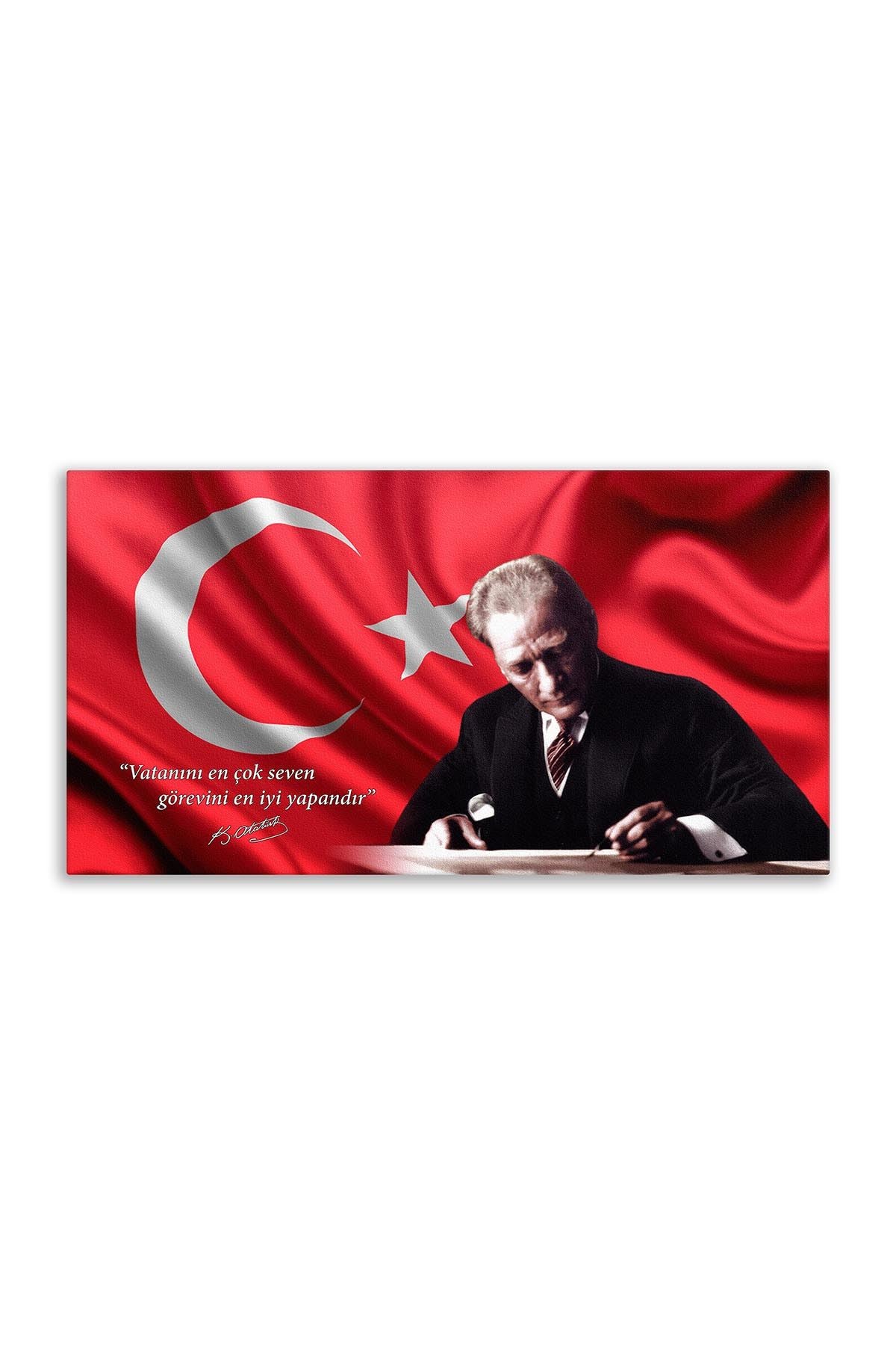 Atatürk Deri Tablo – Vatanını En Çok Seven Saten Bayrak Masa Sağ