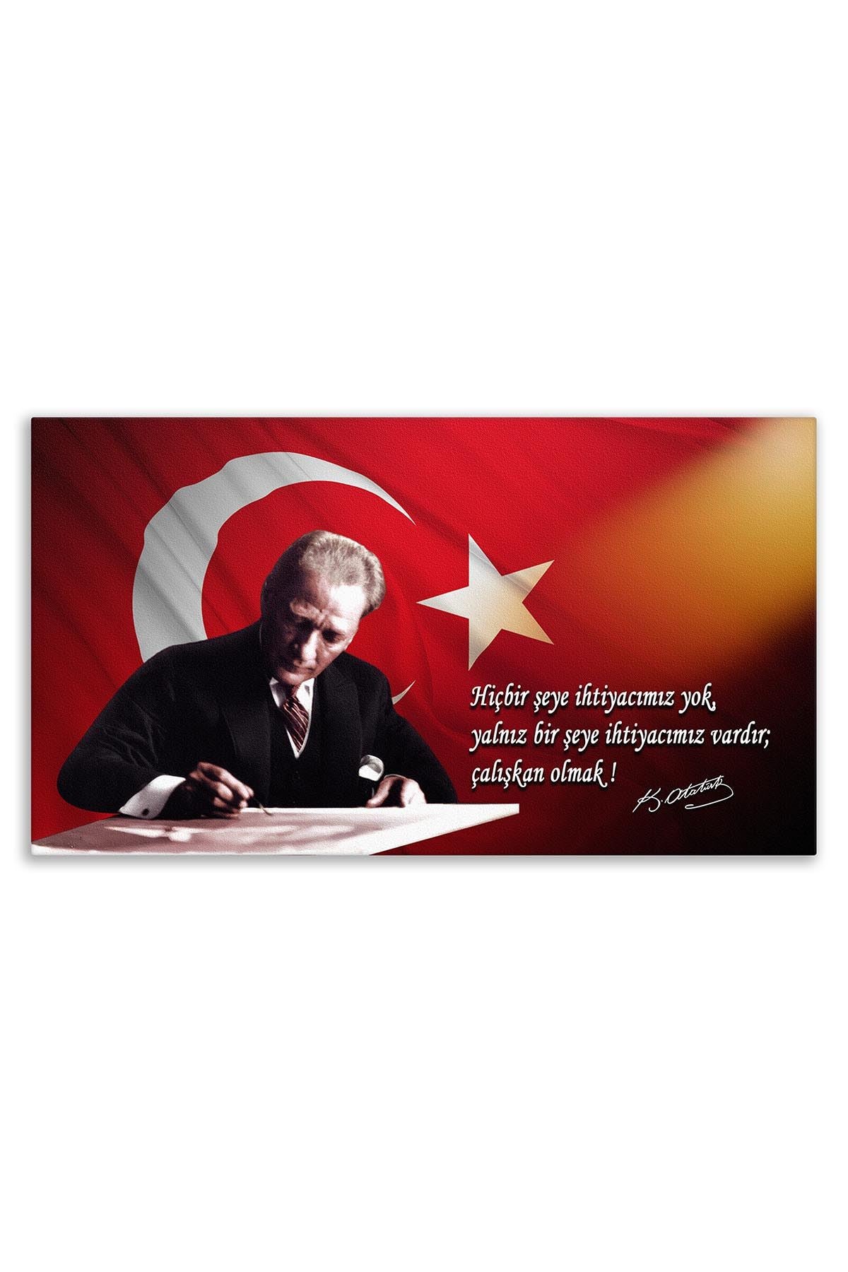 Atatürk Deri Tablo – Çalışkan Olmak Yazı Masası Turuncu Işık