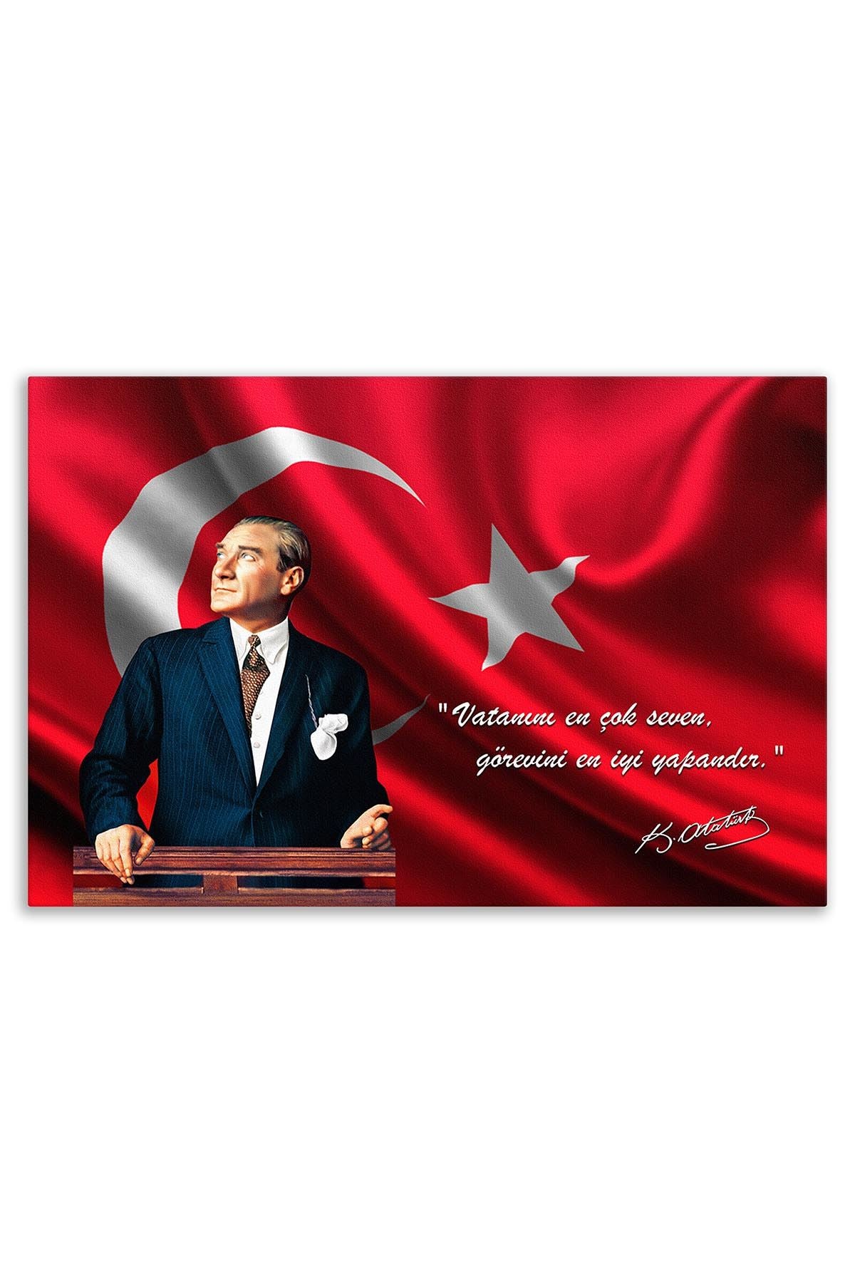 Atatürk Deri Tablo – Vatanını En Çok Seven Saten Bayrak Balkon