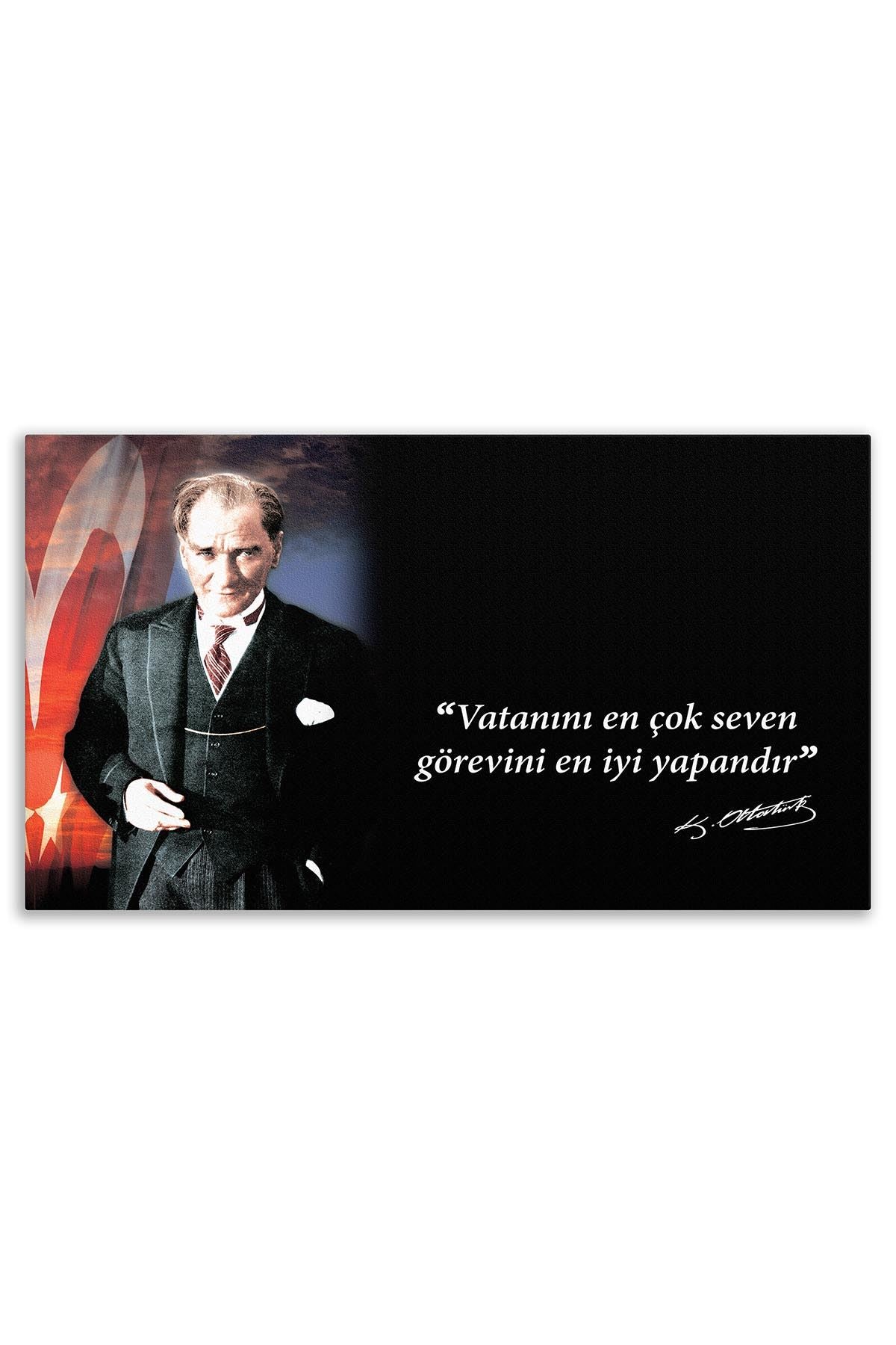 Atatürk Deri Tablo – Vatanını En Çok Seven Siyah Fon Ayakta