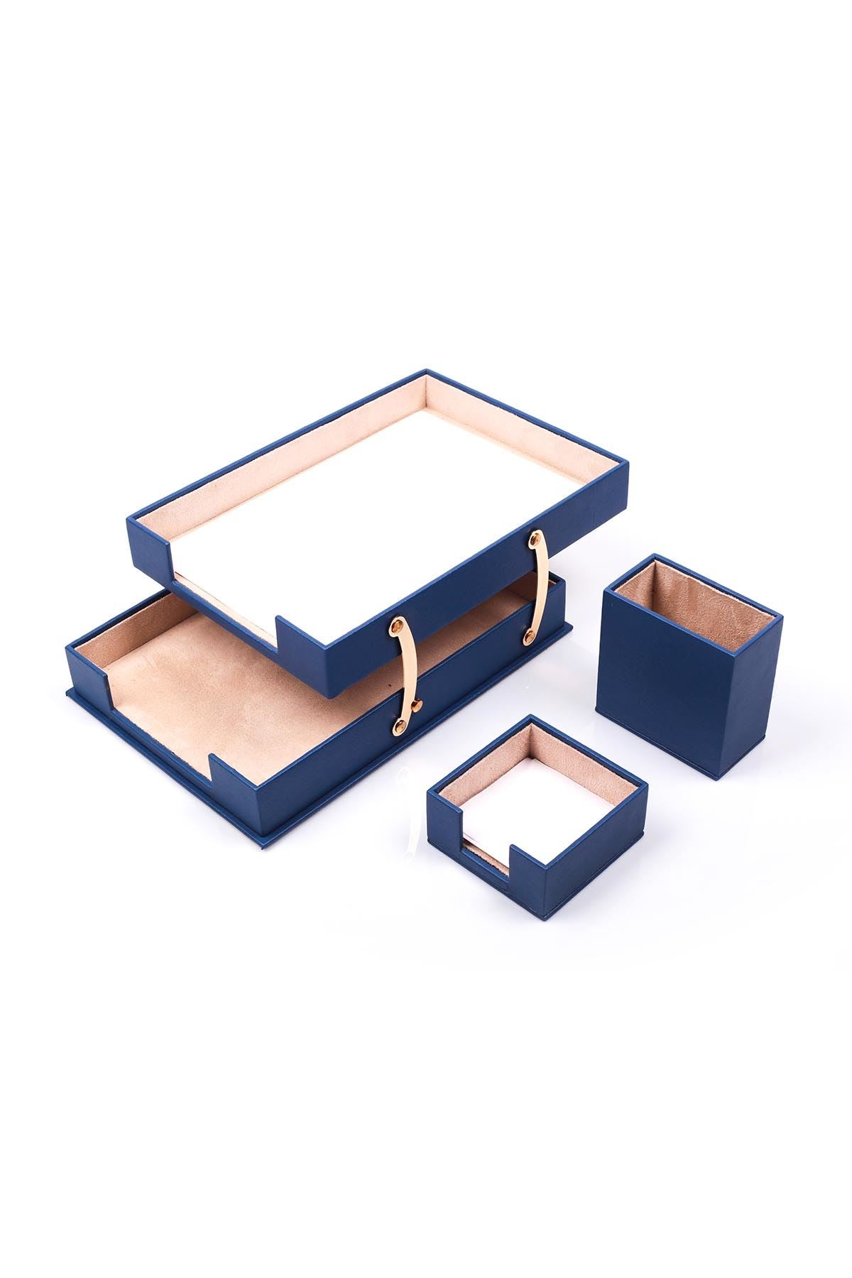 Deri 3 Parça Masa Üstü Seti Kahve Çiftli Evrak Rafı, Kalemlik ve Notluk
