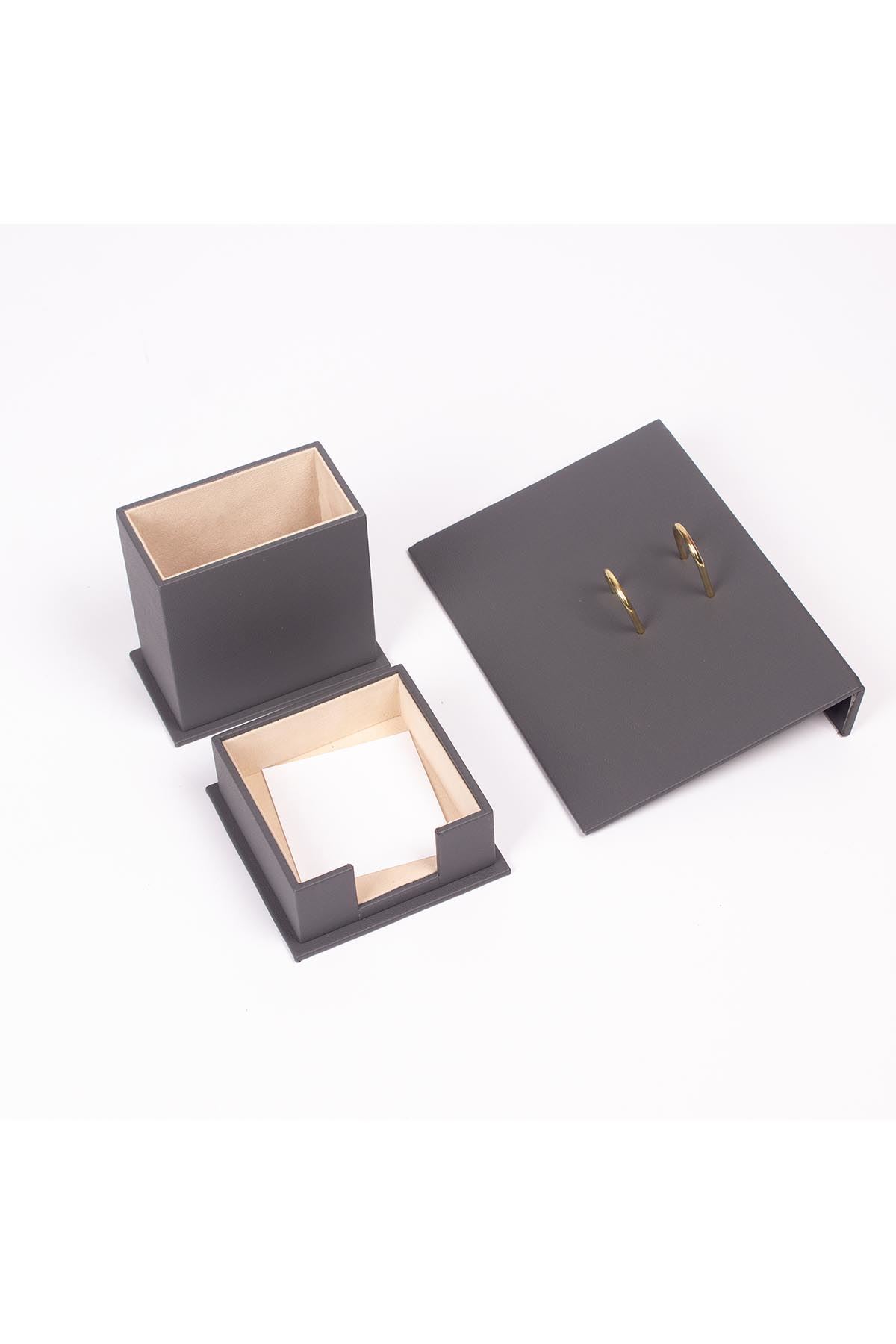 Gri Deri Masa Seti 5 Parça – Ofis Masa Düzenleyici