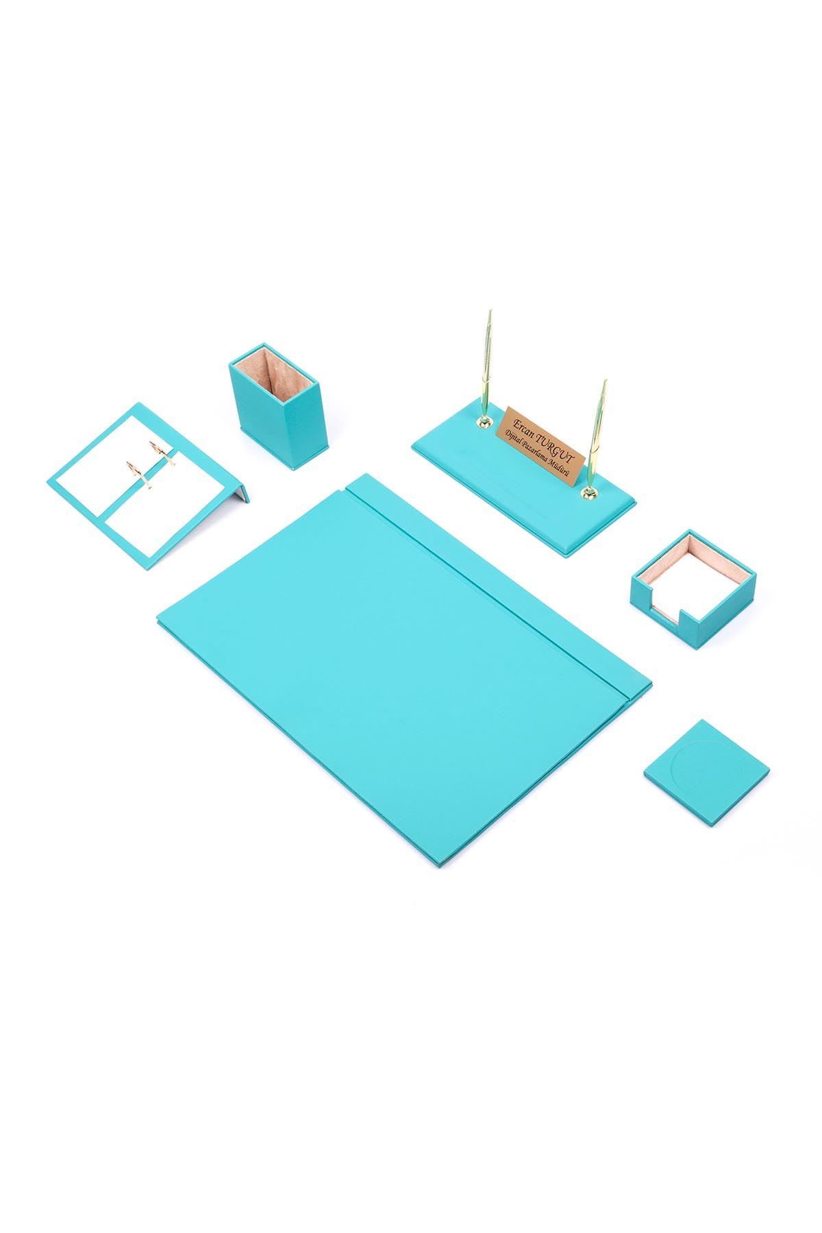 Deri Sümen Takımı Turkuaz – 8 Parça Premium Masa Aksesuarı