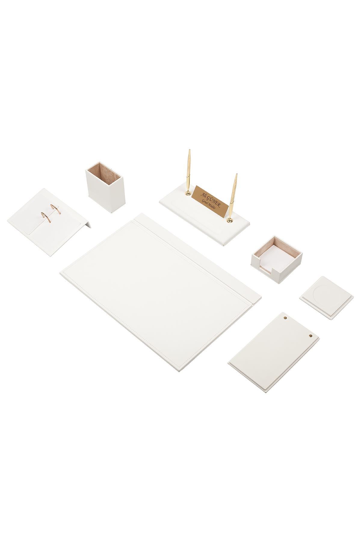 Deri Sümen Takımı Beyaz 9 Parça – Premium Masa Aksesuarı