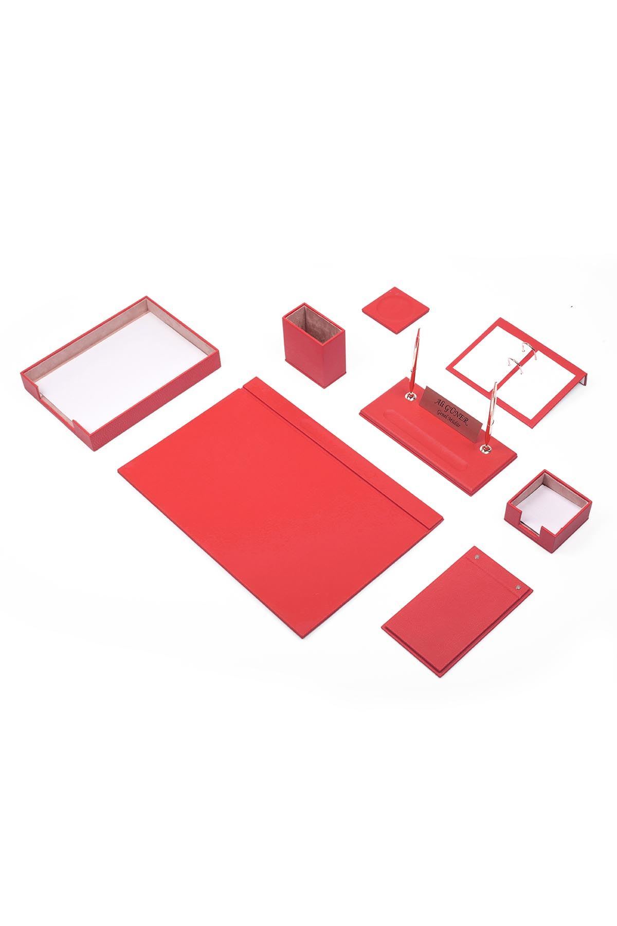 Deri Sümen Takımı Kırmızı 10 Parça Tekli Evrak Raflı – Premium Masa Sümen Takımı