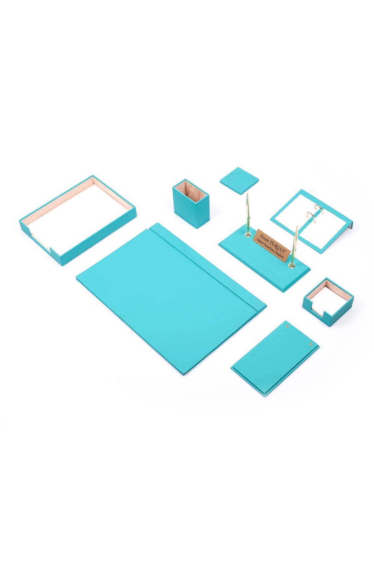 Deri Sümen Takımı Turkuaz 10 Parça Tekli Evrak Raflı – Premium Masa Sümen Takımı