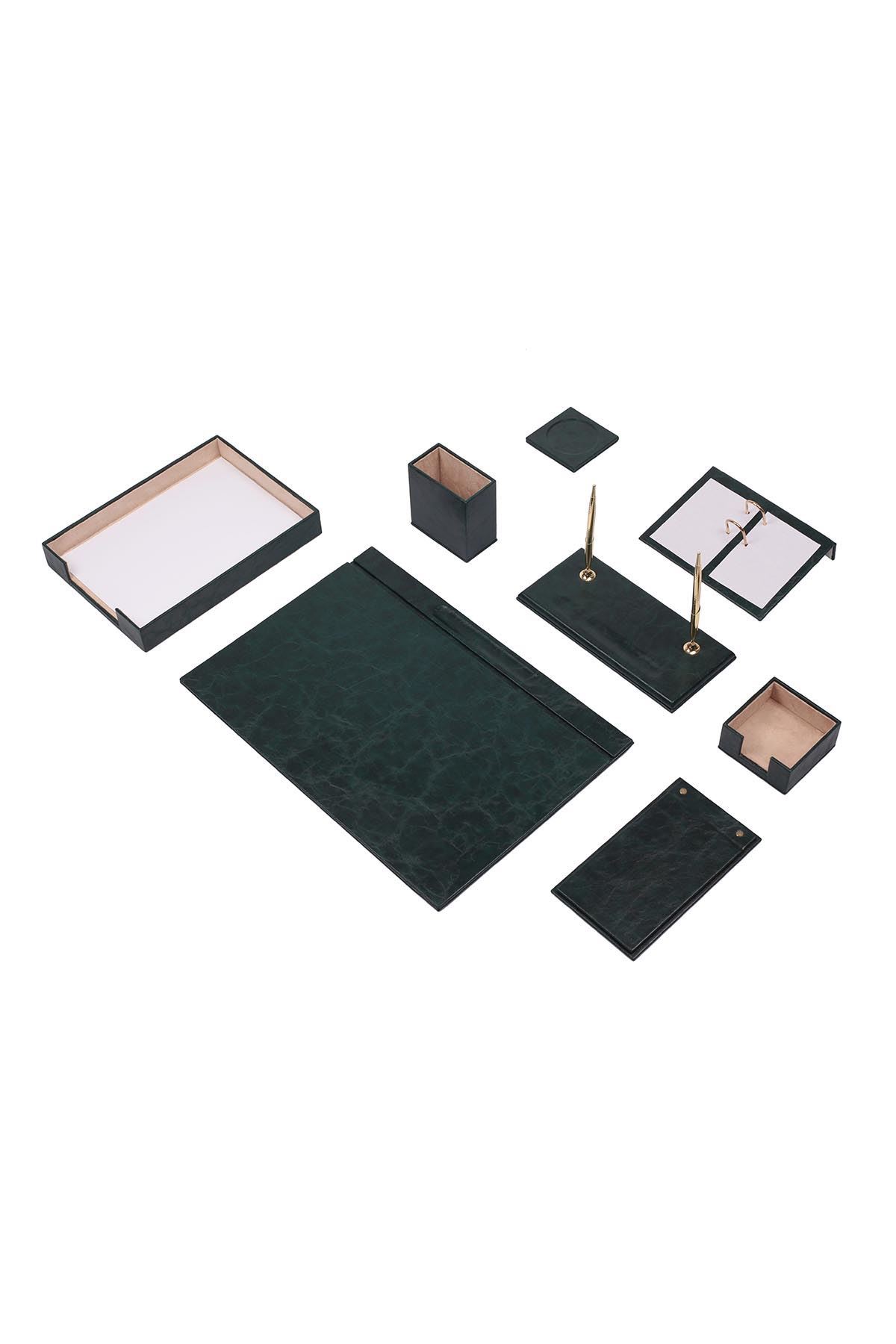 Deri Sümen Takımı Yeşil 10 Parça Tekli Evrak Raflı – Lüks Masa Sümen Takımı İkili Evrak Raflı