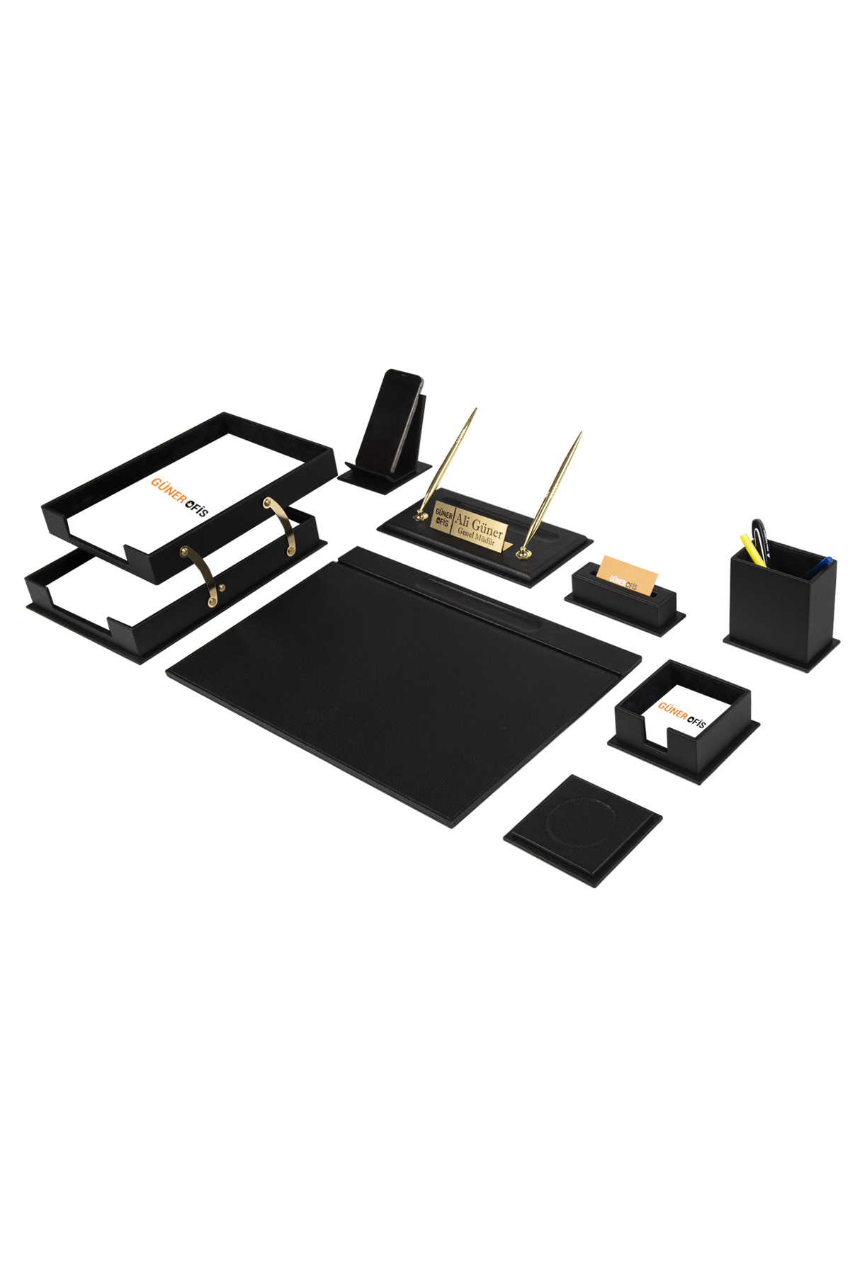 Siyah Deri Sümen Takımı 10 Parça – Lüks Masa Sümen Takımı İkili Evrak Raflı