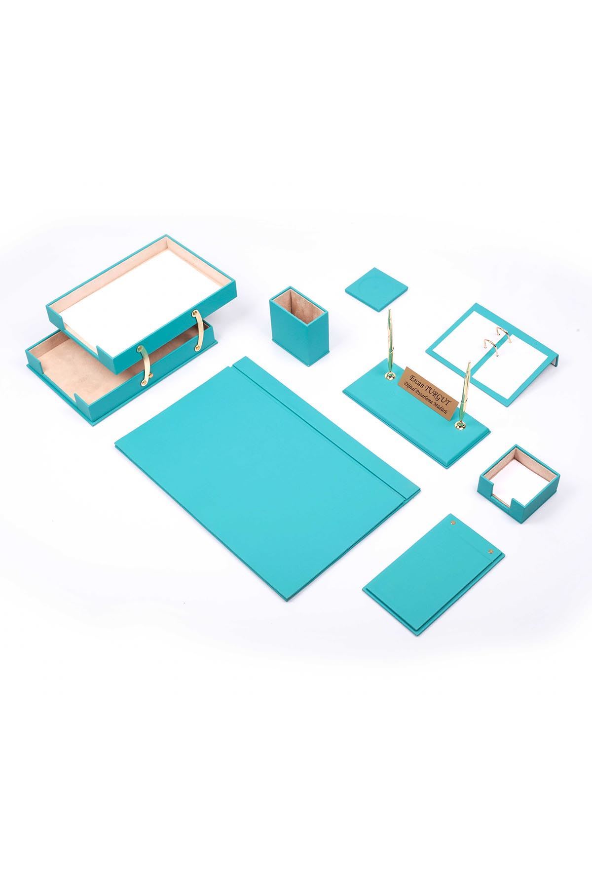 Deri Sümen Takımı Turkuaz – 10 Parça | Lüks Masa Sümen Takımı İkili Evrak Raflı