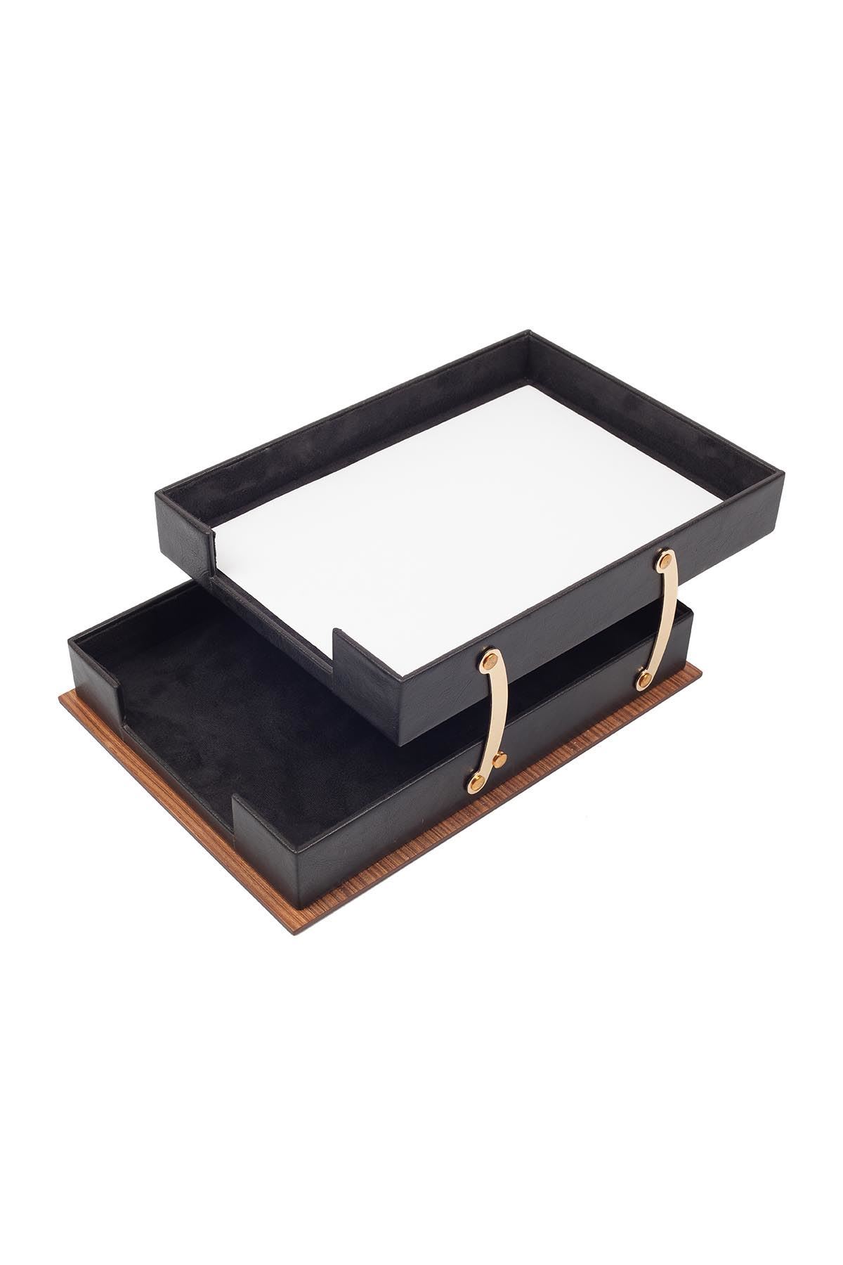 Star Lüks Deri Sümen Takımı – 11 Parça Siyah | İkili Evrak Raflı Masa Sümen Takımı