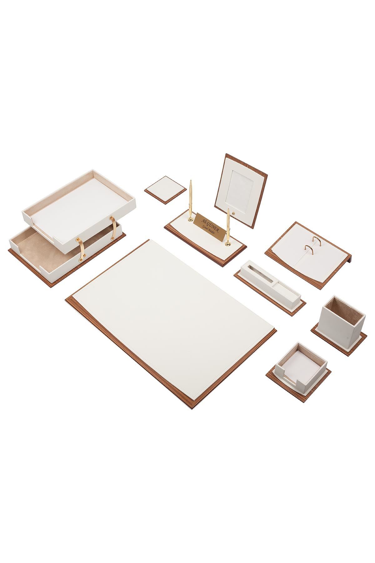 Star Lüks Deri Sümen Takımı – 11 Parça Beyaz | İkili Evrak Raflı Masa Sümen Takımı