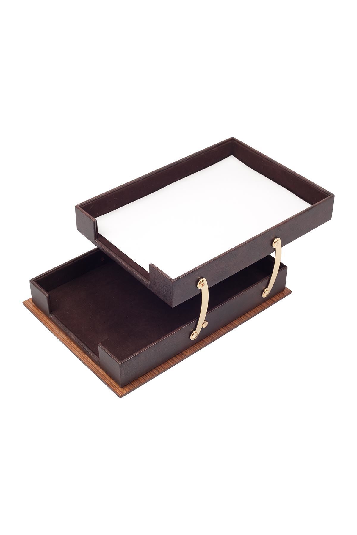 Star Lüks Deri Sümen Takımı – 11 Parça Kahverengi | İkili Evrak Raflı Masa Sümen Takımı