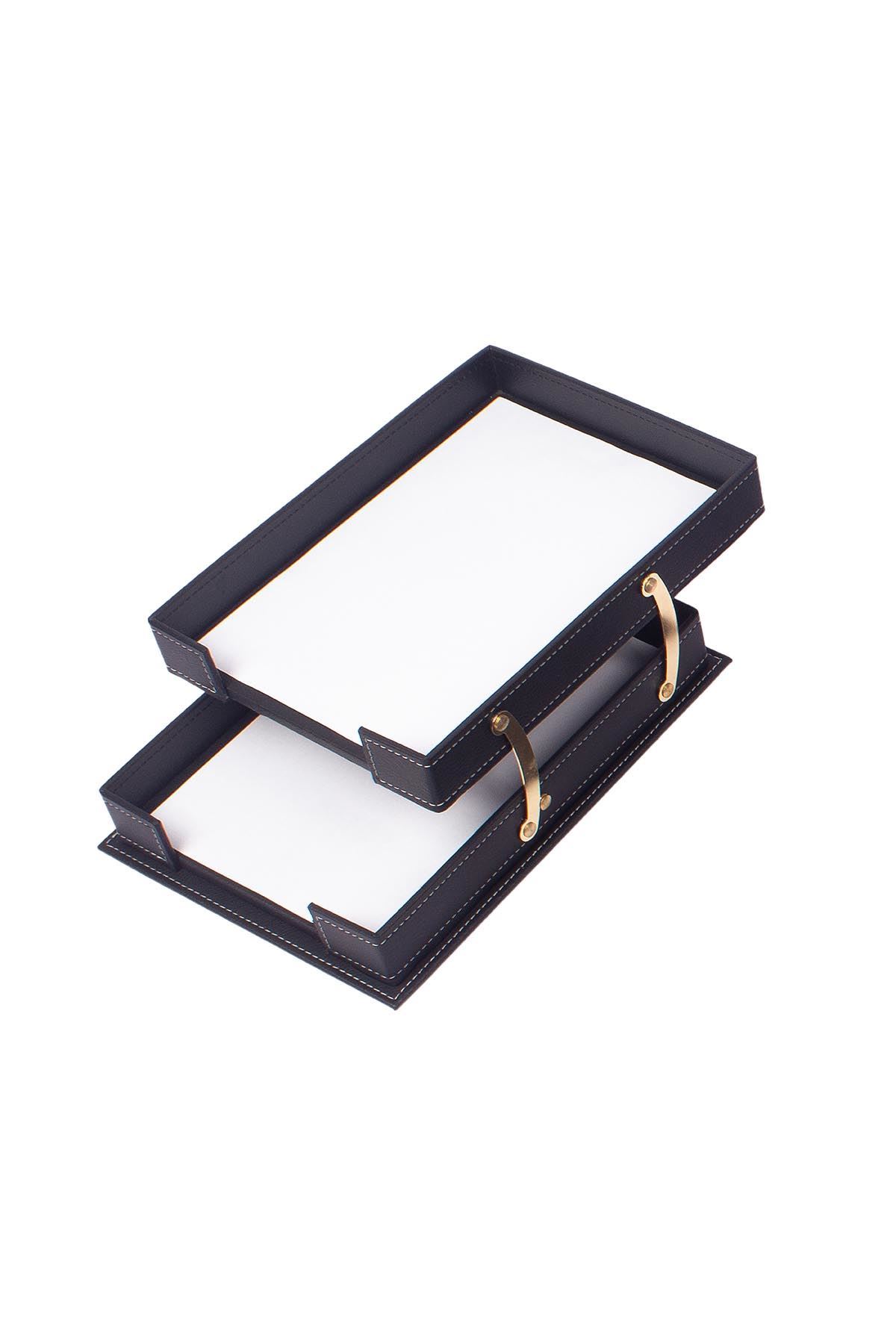 Vega Deri Sümen Takımı – 14 Aksesuarlı İkili Evrak Raflı Siyah | Lüks Masa Sümen Takımı