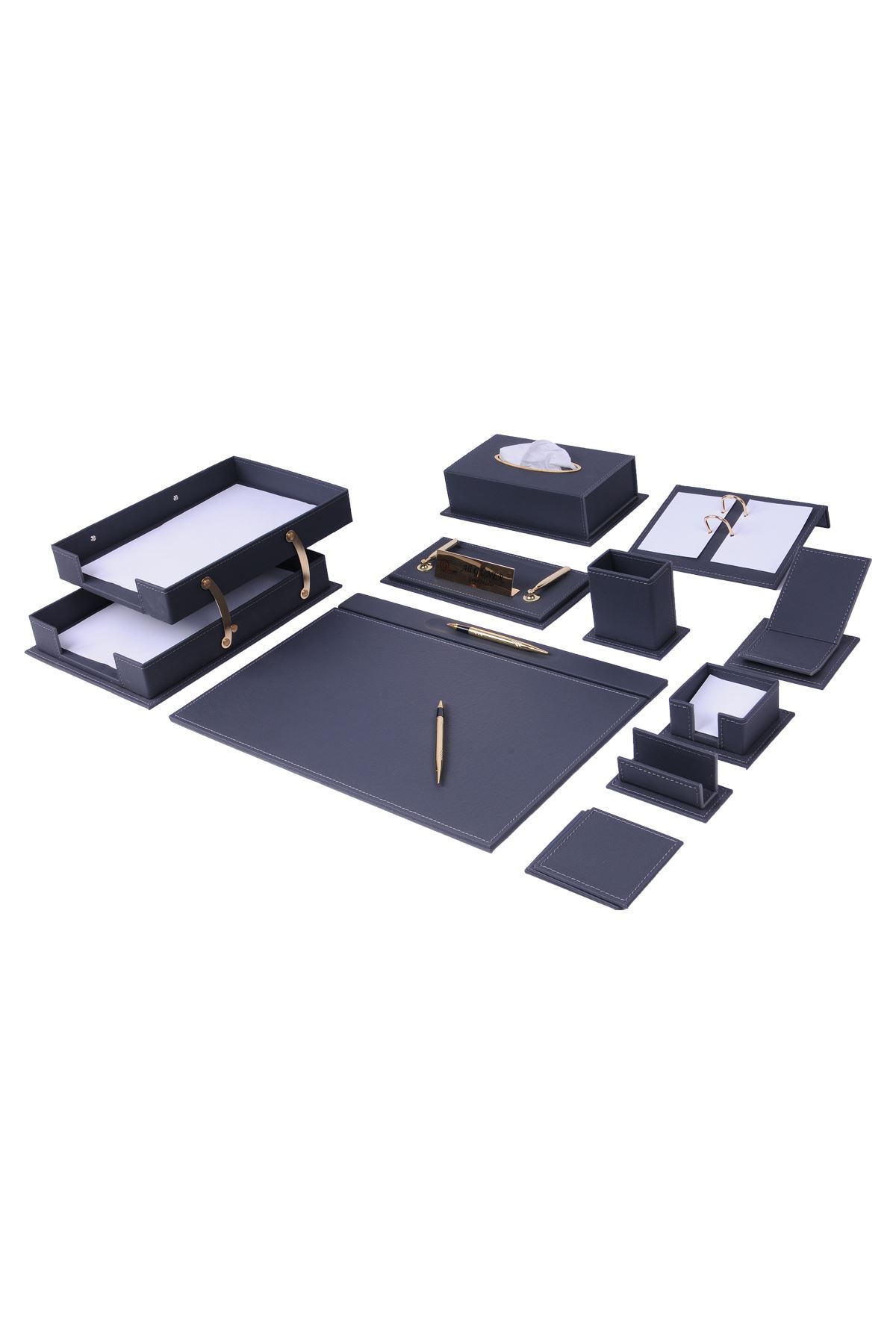 Vega Deri Sümen Takımı – 14 Aksesuarlı Gri Sümen Takımı | Lüks Masa Sümen Takımı