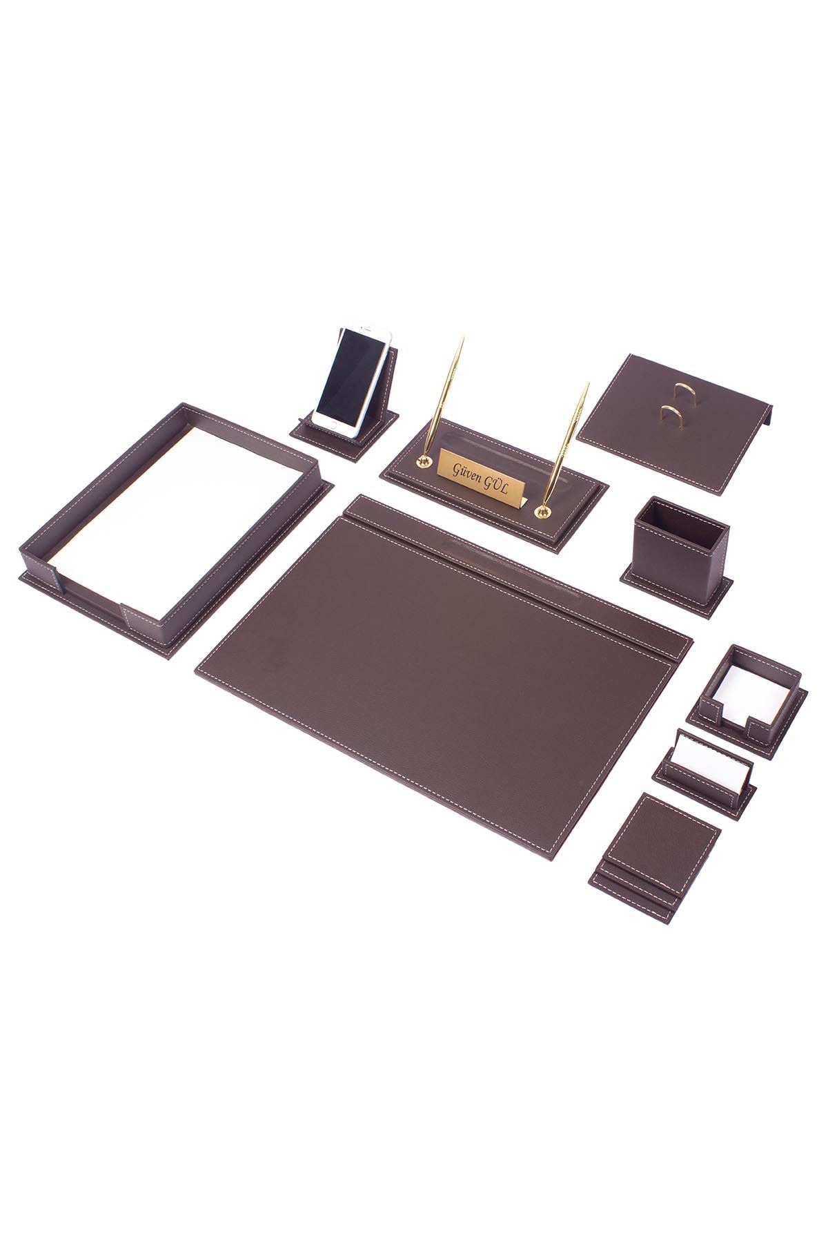 Vega Kahverengi Sümen Takımı – 13 Parça Tekli Evrak Raflı | Lüks Deri Masa Sümen Takımı