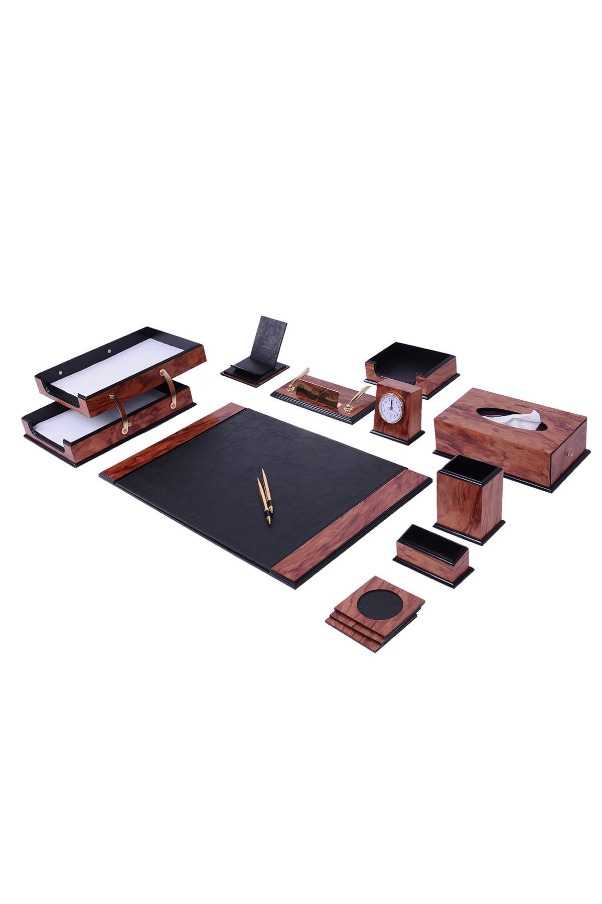 Prestij Sümen Takımı Gül Siyah 14 | Yönetici Masa Sümeni | Deri ve Ahşap Sümen Seti