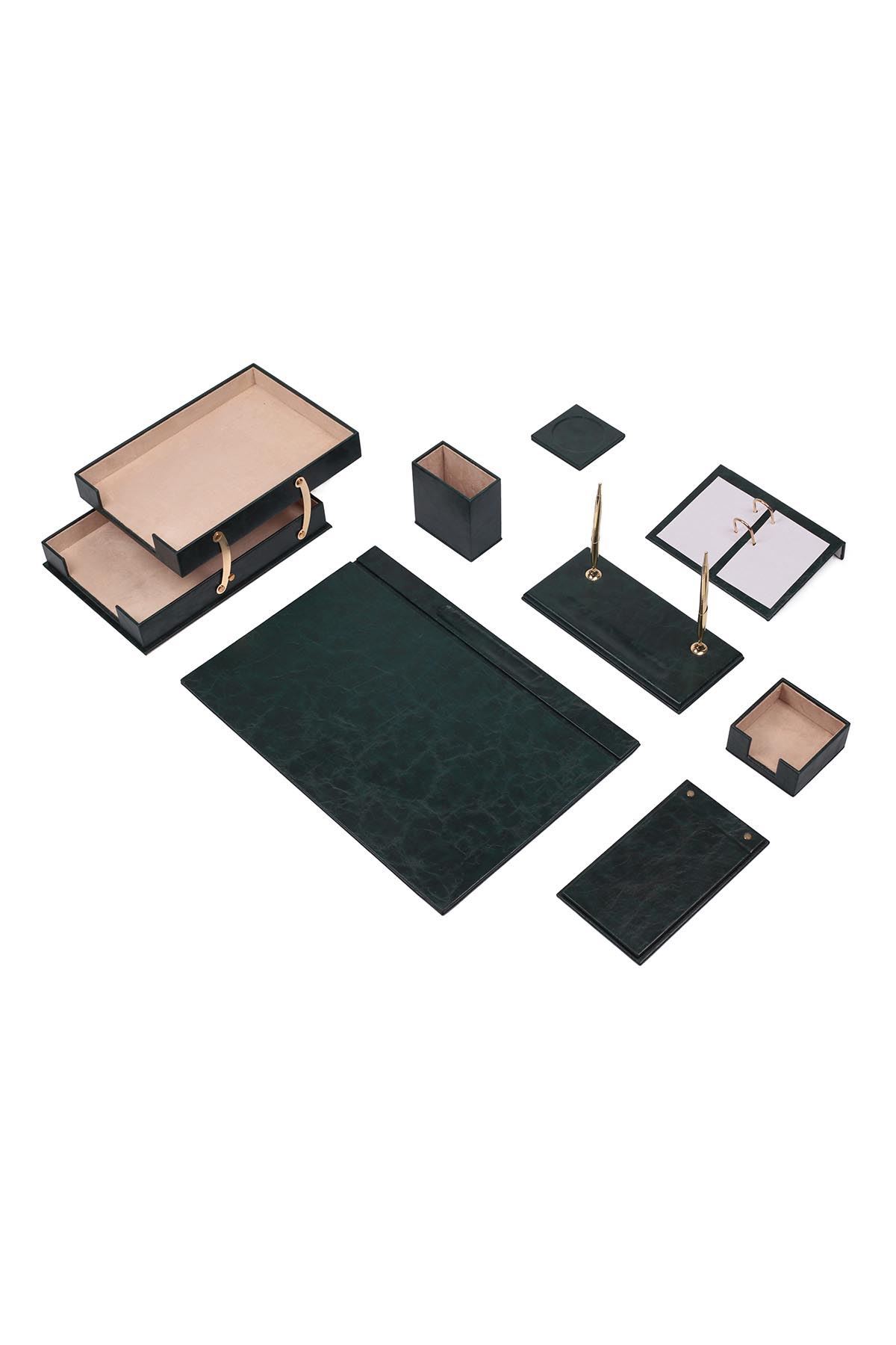 Deri Sümen Takımı Yeşil – 10 Parça | Lüks Masa Sümen Takımı İkili Evrak Raflı