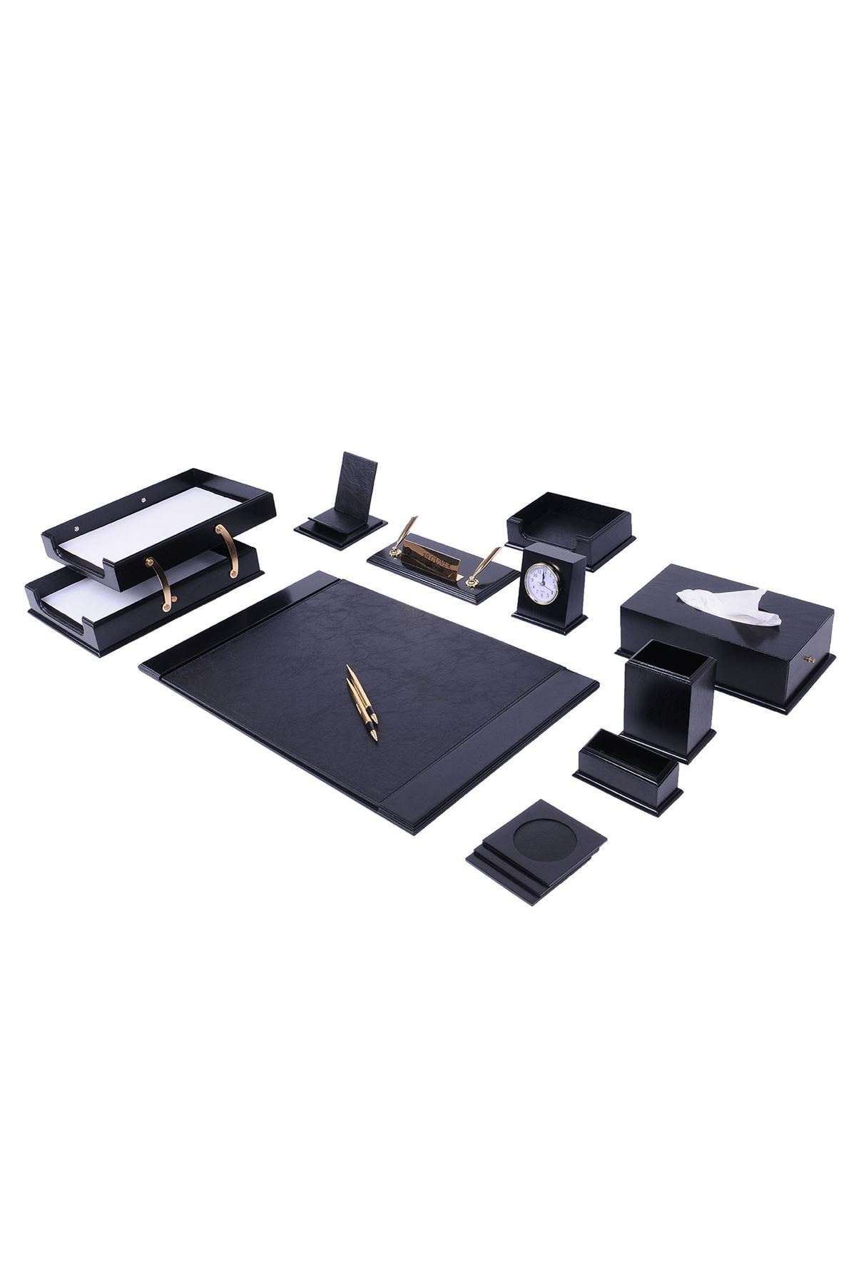 Prestij Sümen Takımı Siyah – 14 Parça Lüks Deri Sümen Takımı | Yönetici Ofis Masa Seti