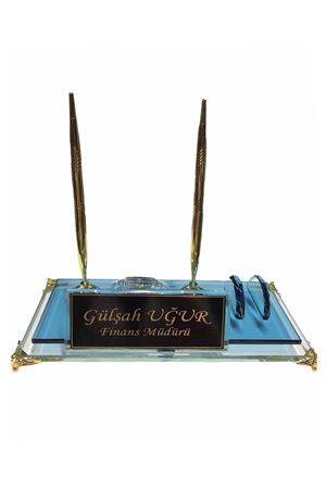 ÇİFT KATMANLI MAVİ KRİSTAL MASA ÜSTÜ İSİMLİK